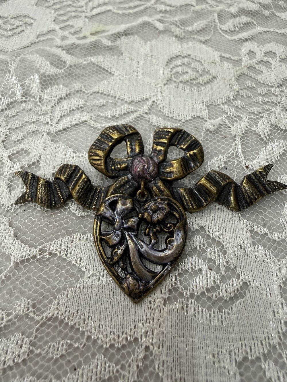 Vintage 1970s Three Tones Heart Bow Brooch Pin Estate Romantic Goth Coquette
